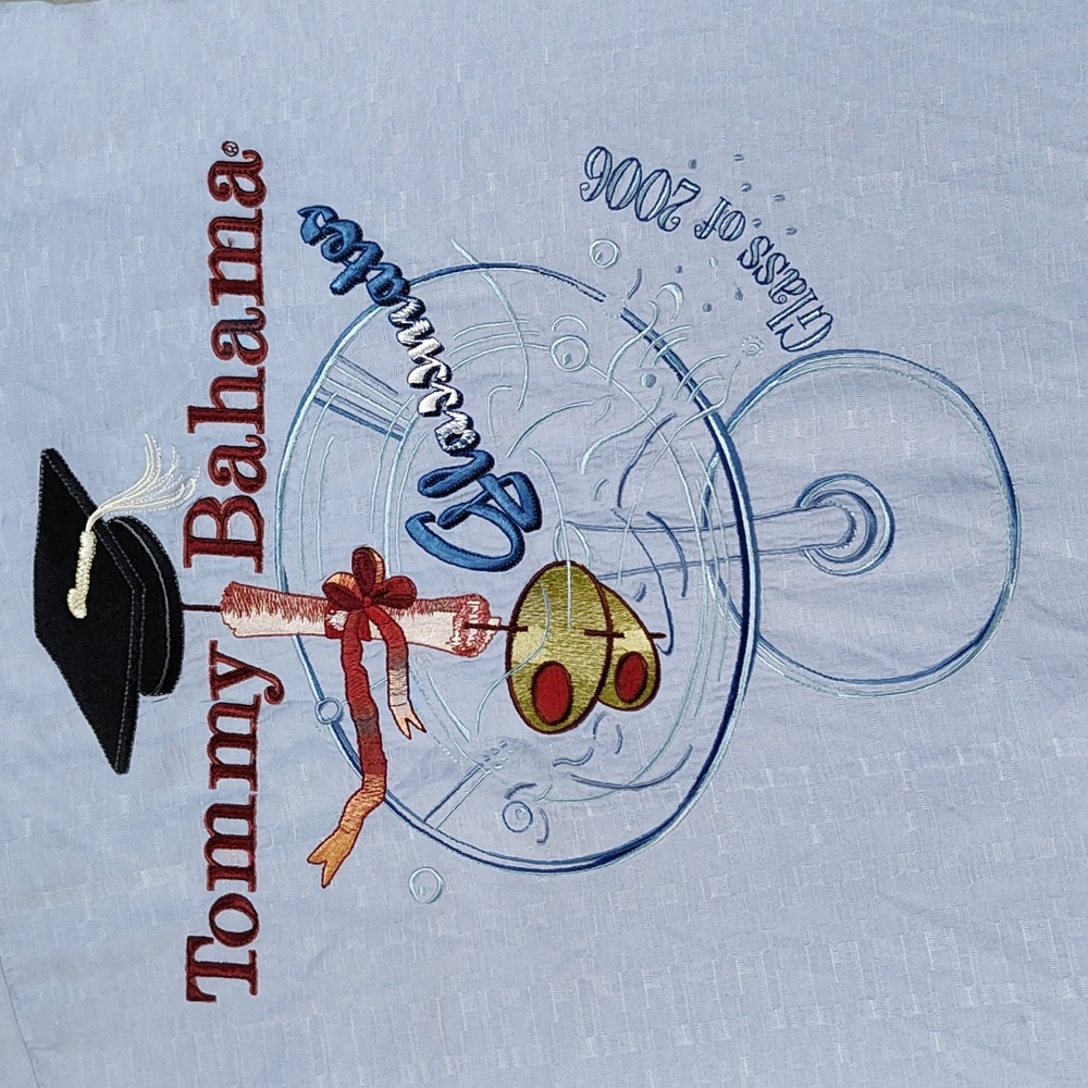 Glass of 2006 Blue Silk Martini Camp Shirt Mens Excellent Condition